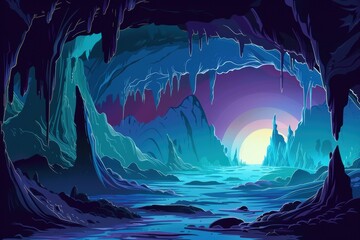 Wall Mural - Bioluminescent cavern with vibrant crystals and a distant sun