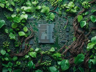 Sustainable development  motherboard covered in leaves and roots, symbolizing green energy ecology