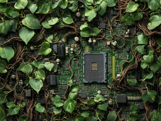 sustainable development motherboard merged with greenery for eco friendly energy concept