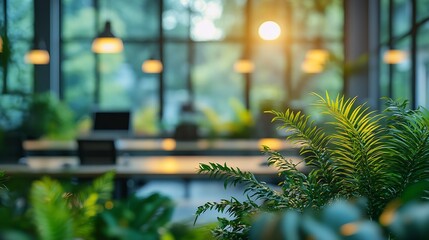 Poster - Blurred Interior Modern Office Working Space With Green Scenery : Generative AI