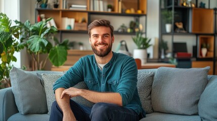 Poster - A man sitting on a couch smiling at the camera, AI