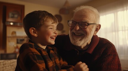 Canvas Print - A man and boy smiling at each other in a room, AI