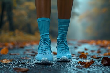 a person's feet wearing blue socks and running shoes. 