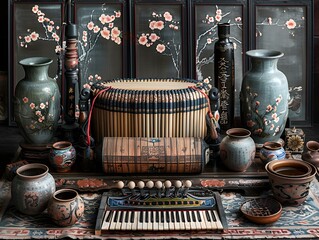 Wall Mural - a group of objects on a table. 