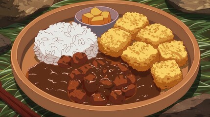 Wall Mural - A Plate of Japanese Curry with Rice, Fried Tofu, and Pickles