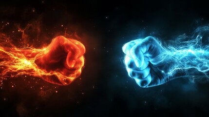 Two clenched fists with mysterious energy facing each other , concept of evil vs good competition  power,  and conflict, concept