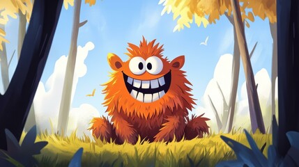 Poster - A playful monster smiles in a vibrant woodland, surrounded by lush trees and colorful plants in a charming flat design.