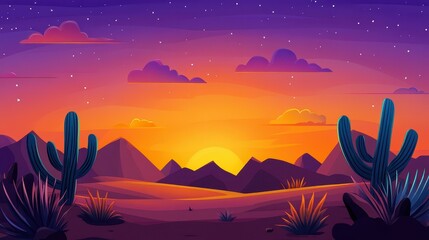 Poster - Experience a stunning desert sunset with vibrant gold and purple hues, captured in a detailed flat illustration.