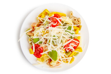 Pasta, macaroni with tomatoes and cheese in a plate on a blank background.