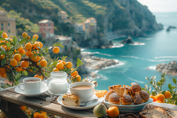 An inviting breakfast table set up by the seaside, with fresh fruit, pastries, and a view of the Mediterranean Sea.