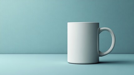 A white coffee cup sits on a blue countertop