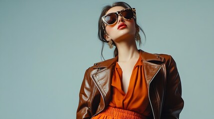 Wall Mural - Stylish sunglasses Haute couture collection Beautiful fashion model girl posing in a designer brown leather jacket blouse and orange wide leg pants Studio shot on a gray background : Generative AI