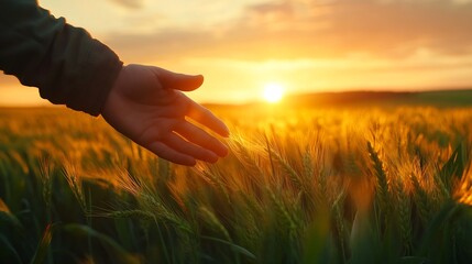 Human  mans hand moving through green field of the grass Male hand touching a young  wheat  in the wheat field while sunset   Boys hand touching wheat during sunset : Generative AI