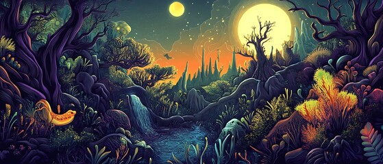 Wall Mural - A Surreal Forest Landscape with Moonlight and Waterfall