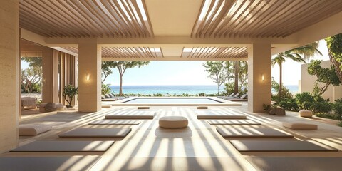 Open-air yoga studio with ocean view.