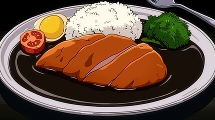 A plate of Japanese curry with pork cutlet, rice, broccoli, and tomato