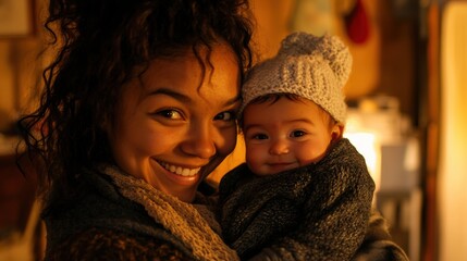 Canvas Print - A woman holding a baby in her arms smiling, AI