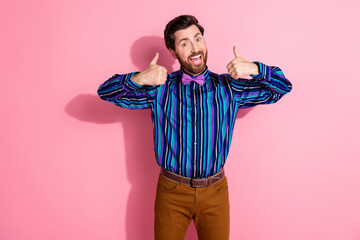 Poster - Portrait of nice classy young man thumb up wear shirt isolated on pink color background