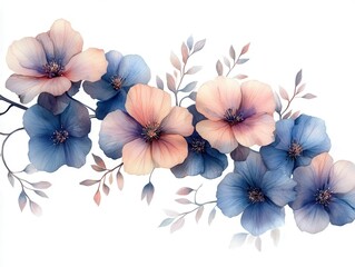 Wall Mural - delicate spring flower garland forming an elegant corner border soft watercolor petals in pastel hues with intricate line art details and flowing botanical elements