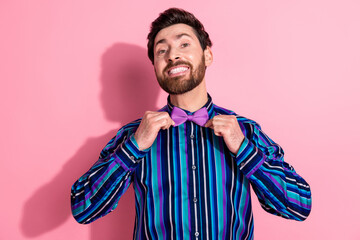 Canvas Print - Photo of handsome elegant positive glad man wear stylish clothes isolated on pink color background