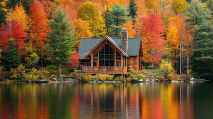 Wall Mural - A cabin is surrounded by colorful trees and a lake, AI