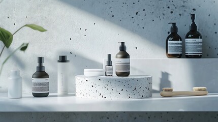Aufkleber - Spa and beauty product presentation scene made with porous stone podium near the cosmetic tubes and accessories on white bathroom shelf : Generative AI