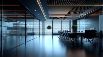 A modern office space featuring sleek design with horizontal lines on the ceiling glass partitions and a welllit conference area with dark chairs : Generative AI