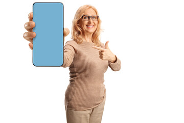 Poster - Mature woman smartphone user pointing at screen