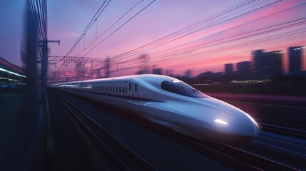 Canvas Print - Bullet train speeding through the countryside at dusk 