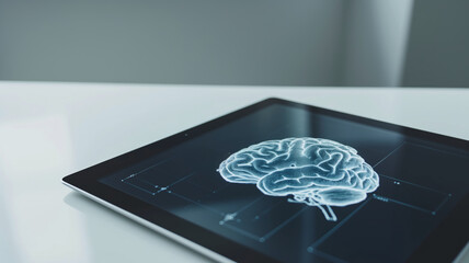 Wall Mural - Tablet displaying a 3D digital brain scan on a white table. Concept of advanced medical imaging, neuroscience, and modern technology in healthcare