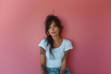 Natural beauty smiling against pink wall in casual attire