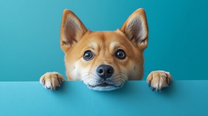 Portrait funny and happy shiba inu puppy dog peeking out from behind a blue banner Isolated on blue pastel background : Generative AI