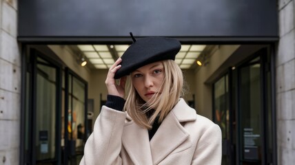 portrait of a beautiful young woman in a beige coat and black hat on the street
