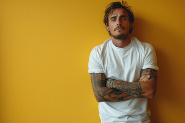 Tattooed man posing confidently against a vibrant yellow background