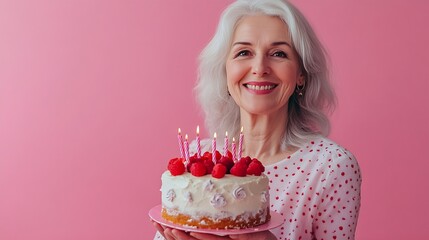 Happy smiling mature aged senior woman holding a birthday cake isolated over pink background : Generative AI