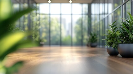 Wall Mural - Light blur Minimalist Open Space Office background Blurred Modern contemporary office and meeting room interior design with panoramic glass windows and green plant inside and Wooden fl : Generative AI