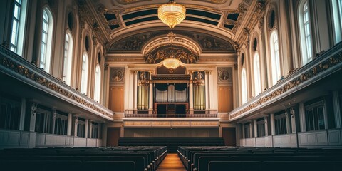 Wall Mural - Empty ornate auditorium with organ and rows of seats.