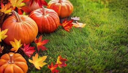 pumpkins and yellow-red autumn leaves on corner of the green lawn background copy space, autumn harvest concept. pumpkin day festival