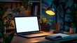 © The Little Hut - Remote work at home office online education study freelance internet connection wireless technology Vertical shot of modern laptop with blank display on desk Table lamp and open book f : Generative AI