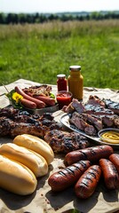 Sticker - A spread of grilled meat, hotdogs, and buns on a picnic table with condiments in the background.