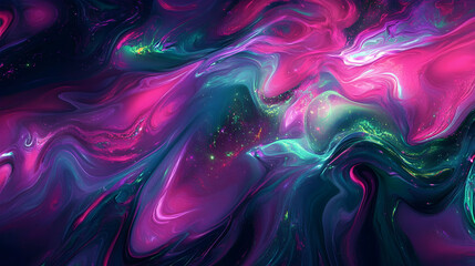 Wall Mural - Fluid abstract visuals, a mesmerizing dance of neon pinks, electric blues, and glowing greens, resembling cosmic auroras, ultra-high definition digital art, colorful background