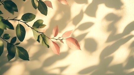 Aufkleber - Abstract leaves shadow blurred background Natural leaves tree branch foliage pink rose gold diagonally shadows and sunlight on white wall in nature for background wallpaper and any des : Generative AI