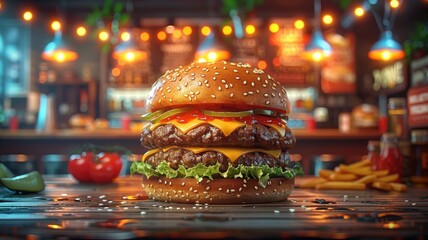 A vibrant, close-up illustration of a perfectly stacked cheeseburger, with layers of juicy beef patty, melted cheese, crisp lettuce, tomato, pickles, and a toasted sesame seed bun