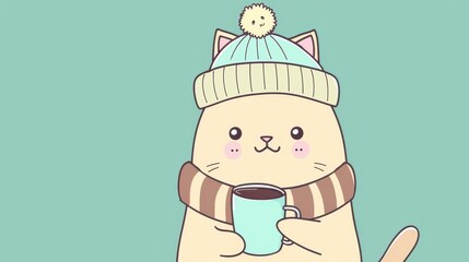 Sticker - A cute cat in a fluffy hat and scarf enjoys coffee, bringing warmth and whimsy to your cozy moments.