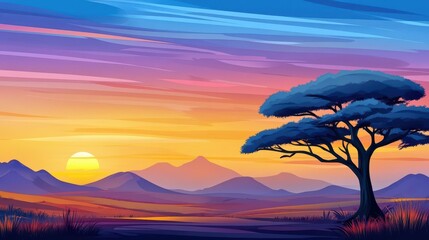 Wall Mural - Immerse in a serene savanna at dusk, crafted in sleek flat design, perfect for enhancing your digital screens.