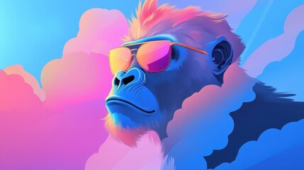 Sticker - A flat illustration of a gorilla in vaporwave hues captures a dreamy vibe with playful textures and nostalgia.