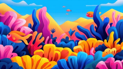 Wall Mural - Dive into a vibrant underwater realm filled with lively fish and colorful coral, depicted in a playful illustration style.