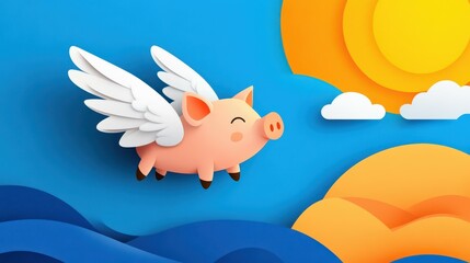 Wall Mural - A whimsical journey unfolds as a cartoon pig flies through vibrant skies, blending modern art and natures charm.