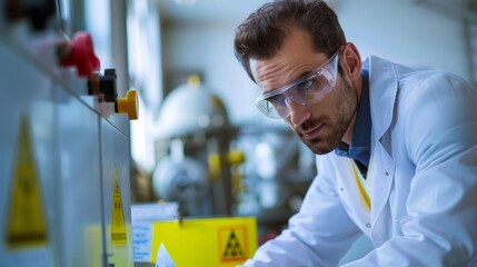 Wall Mural - A scientist in a lab, wearing lab coat and goggles, focuses on a console amid scientific equipment. Professional, serious setting for experiments.