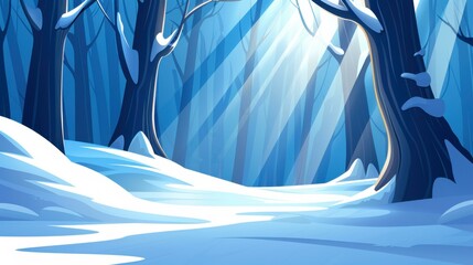 Poster - A whimsical winter forest glimmers with sunrays weaving through fresh greenery in vibrant flat design style.